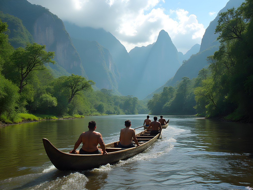 Traditional dugout canoe (curiara) navigating the Churun River with jungle and tepuis in background