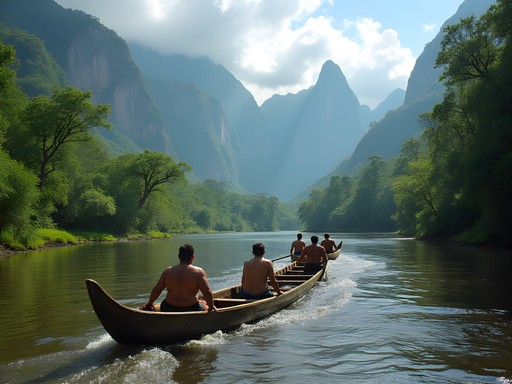 Traditional dugout canoe (curiara) navigating the Churun River with jungle and tepuis in background