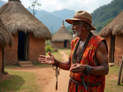 Pemón guide explaining local traditions in Canaima village with traditional huts in background