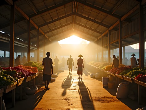 Early morning scene at Anna Regina market with local vendors and colonial architecture