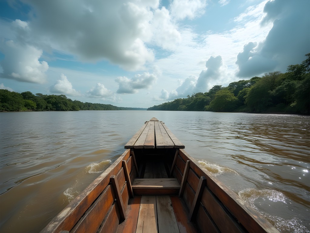 Wooden boat navigating the wide expanse of Essequibo River with distant islands