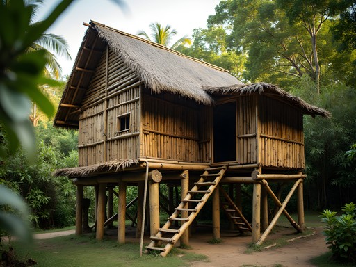 Traditional Arawak elevated housing with bamboo water management system