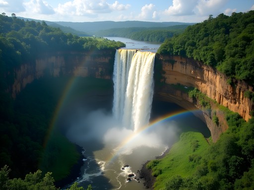 Massive Kaieteur Falls with rainbow and natural rock formations showing erosion patterns