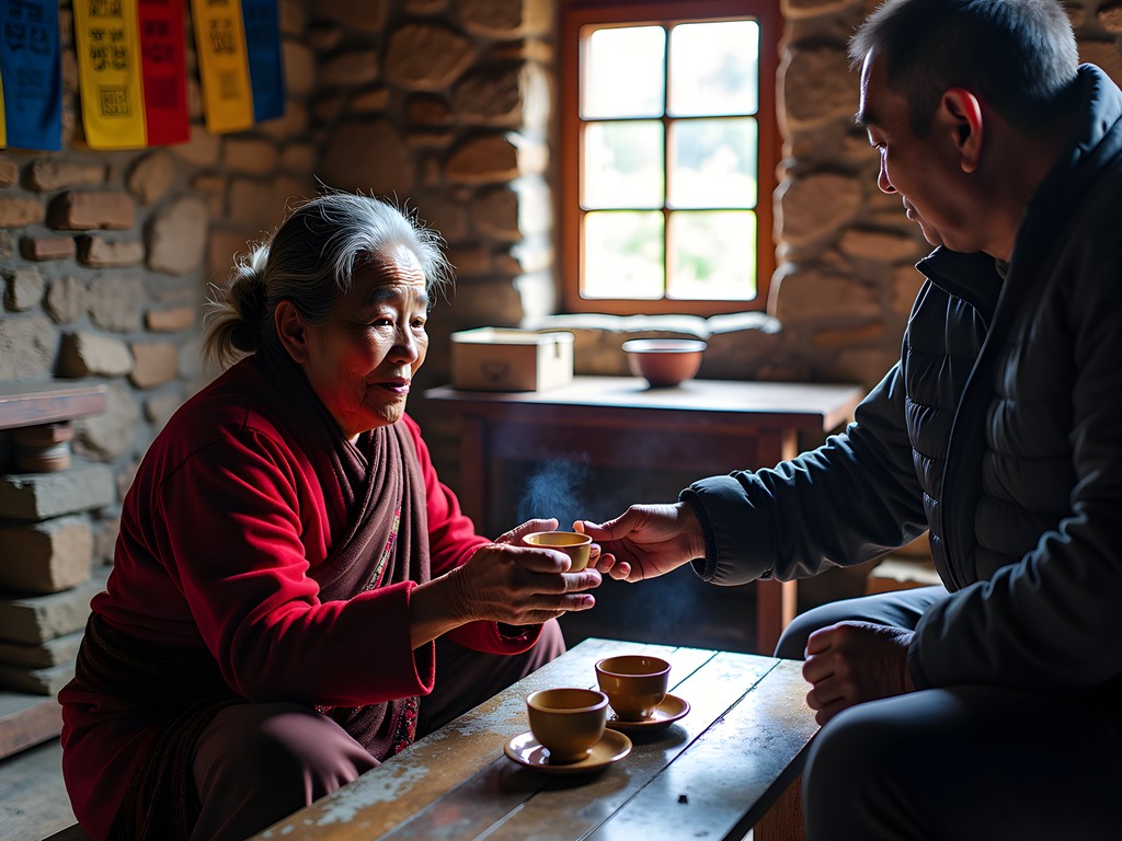Cultural exchange with local Nepali elder during Annapurna Circuit trek