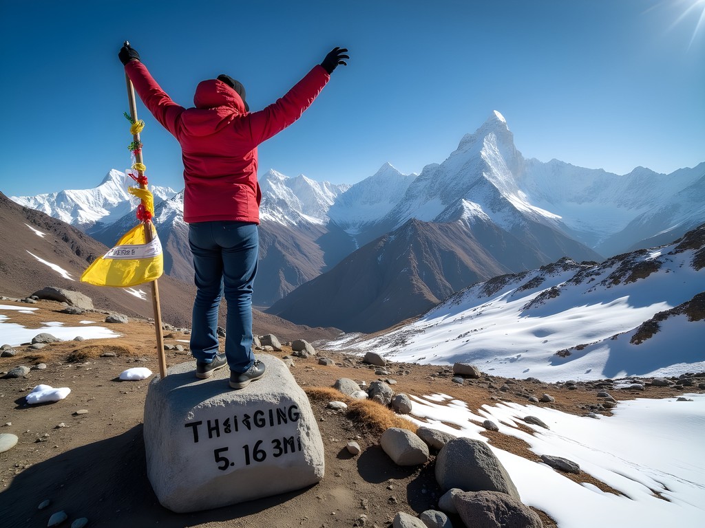 Trekker celebrating at Thorong La Pass summit on Annapurna Circuit