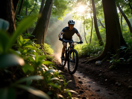 Senior traveler mountain biking through lush forest trails on El Tucuche mountain in Trinidad