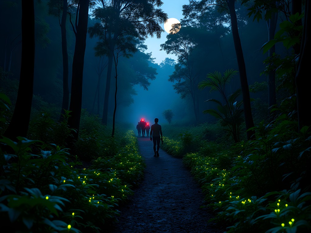 Nighttime wildlife safari in Guanapo Valley showing bioluminescent fungi and nocturnal creatures