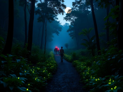 Nighttime wildlife safari in Guanapo Valley showing bioluminescent fungi and nocturnal creatures