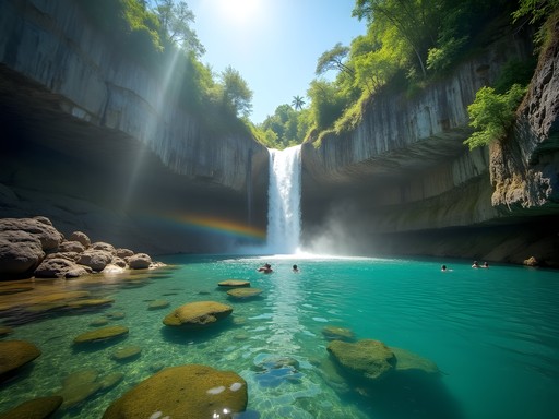 Dramatic view of Rio Seco waterfall and emerald pool in Trinidad with canyoning adventure in progress