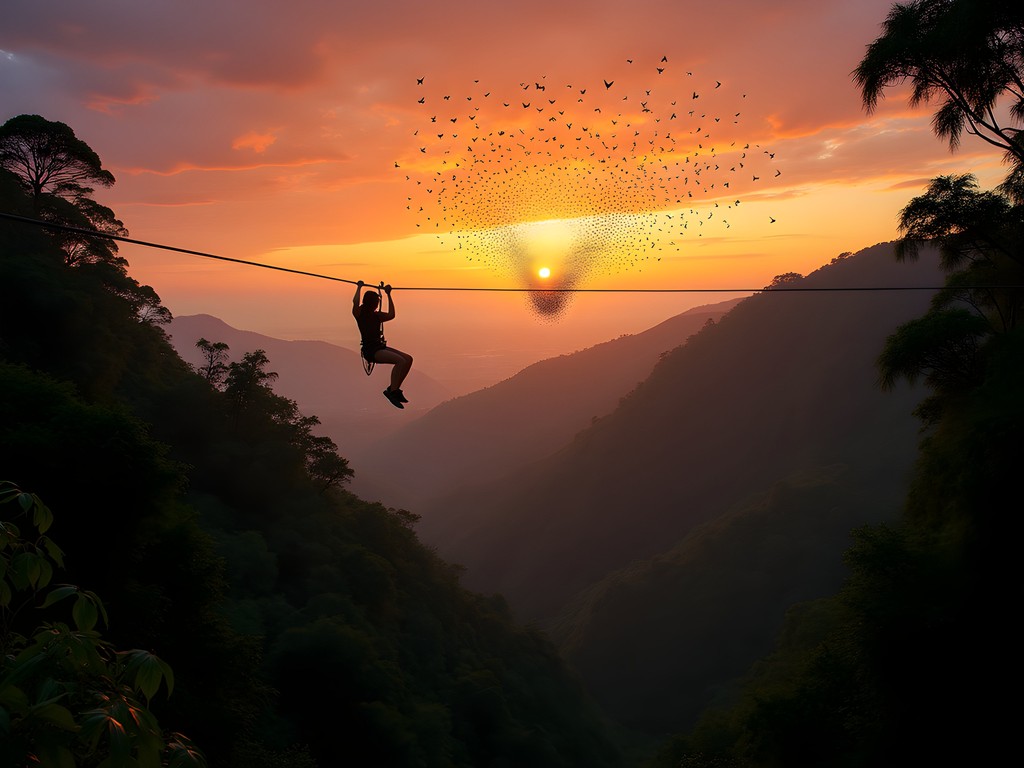 Zip-lining adventure over tropical forest canopy near Tamana Caves in Trinidad at sunset with bat exodus visible