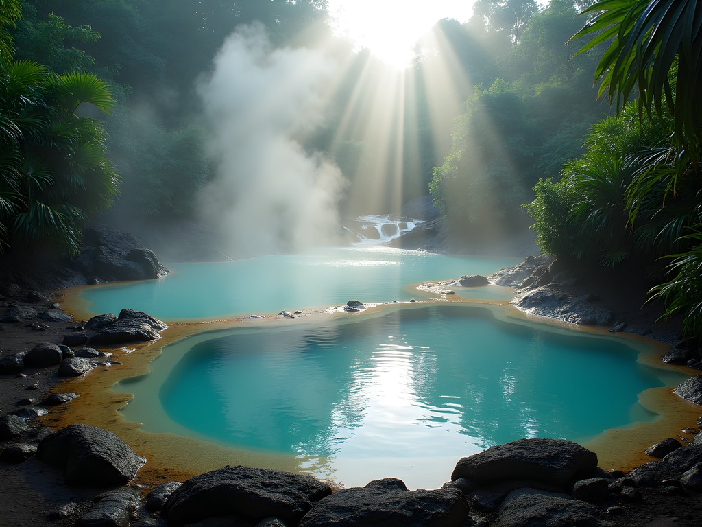 Natural hot springs in the rainforest near Arima, Trinidad with steam rising from mineral-rich waters