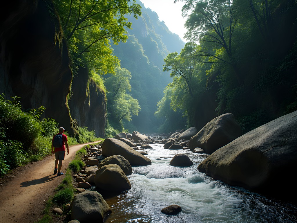 Adventure traveler trekking through Guanapo Gorge rainforest in Trinidad