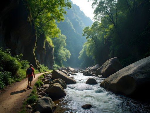Adventure traveler trekking through Guanapo Gorge rainforest in Trinidad