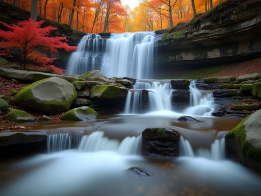 Catawba Falls surrounded by vibrant fall foliage in western North Carolina