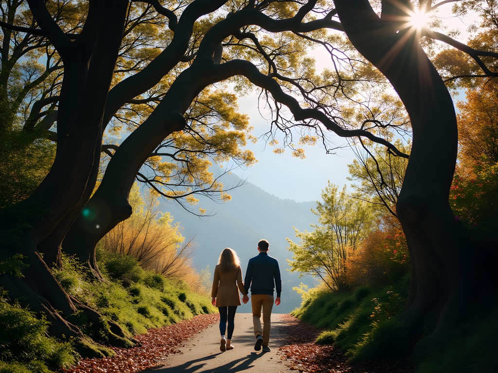 Couple walking through twisted rhododendron trees with autumn colors at Craggy Gardens
