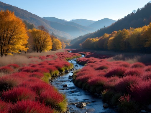 Vibrant red and orange fall colors in Graveyard Fields valley with stream and mountains