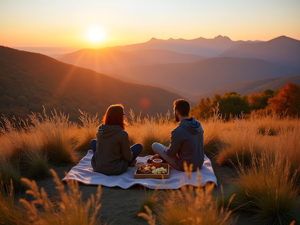 Couple enjoying sunset picnic on Max Patch summit with mountain views