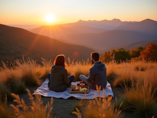 Couple enjoying sunset picnic on Max Patch summit with mountain views