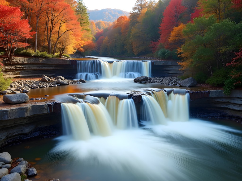 Triple Falls cascading through vibrant fall foliage at DuPont State Forest