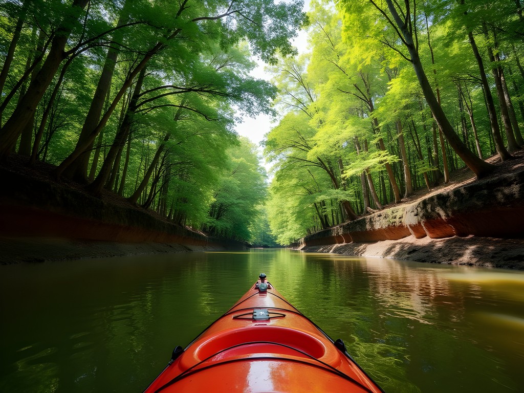 Kayaker paddling through tree-lined Saugahatchee Creek with overhanging branches