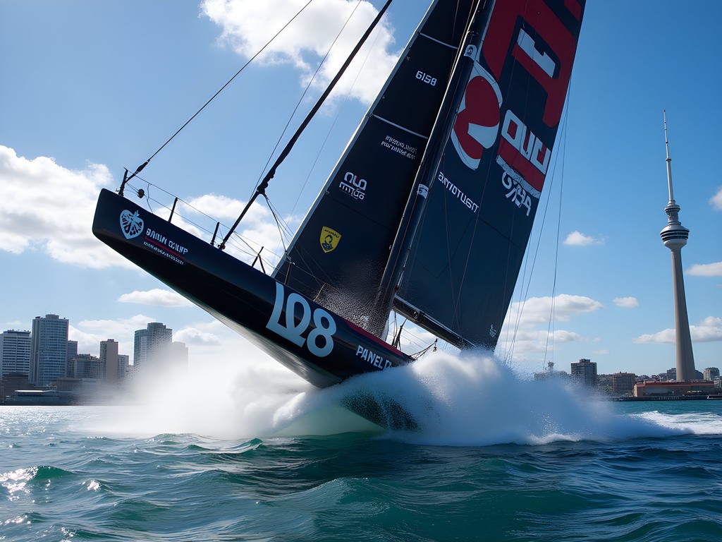 America's Cup yacht sailing in Auckland harbor with city skyline background
