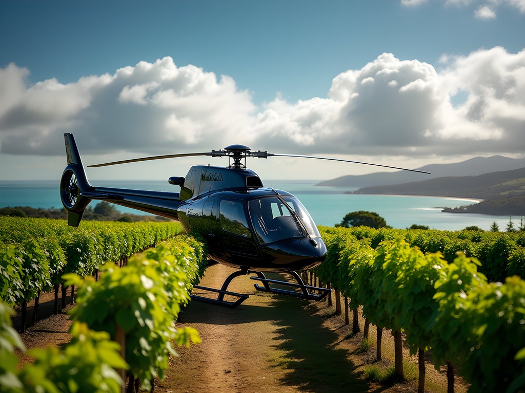 Helicopter landing at Auckland vineyard with rows of vines and ocean view