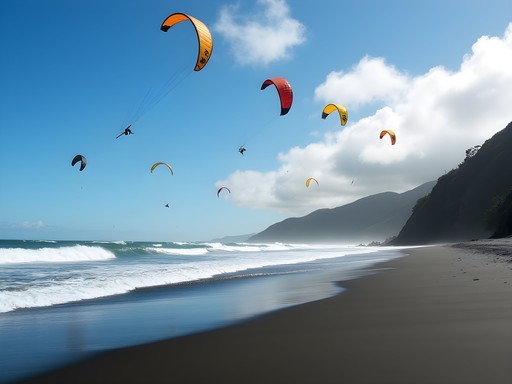 Kitesurfers on black sand beach with dramatic west coast waves at Muriwai Beach