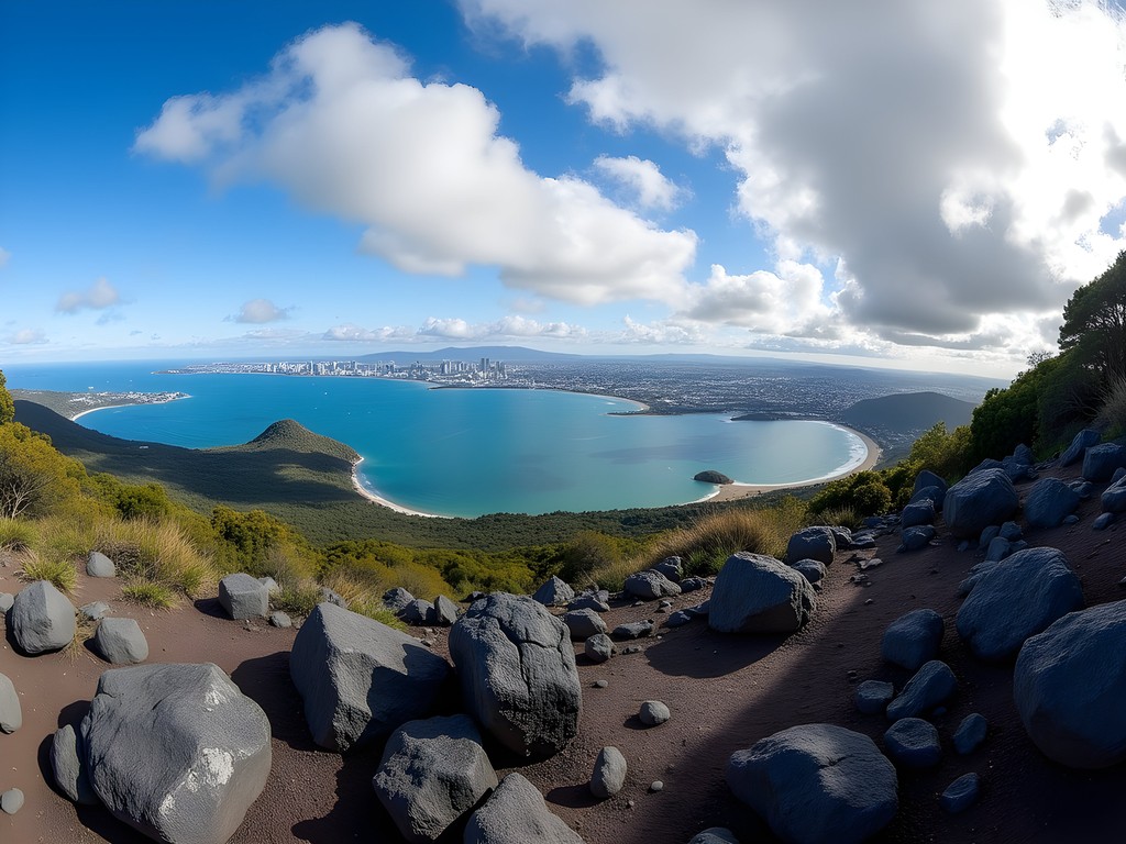 Panoramic view from Rangitoto Island summit showing volcanic landscape and Auckland skyline