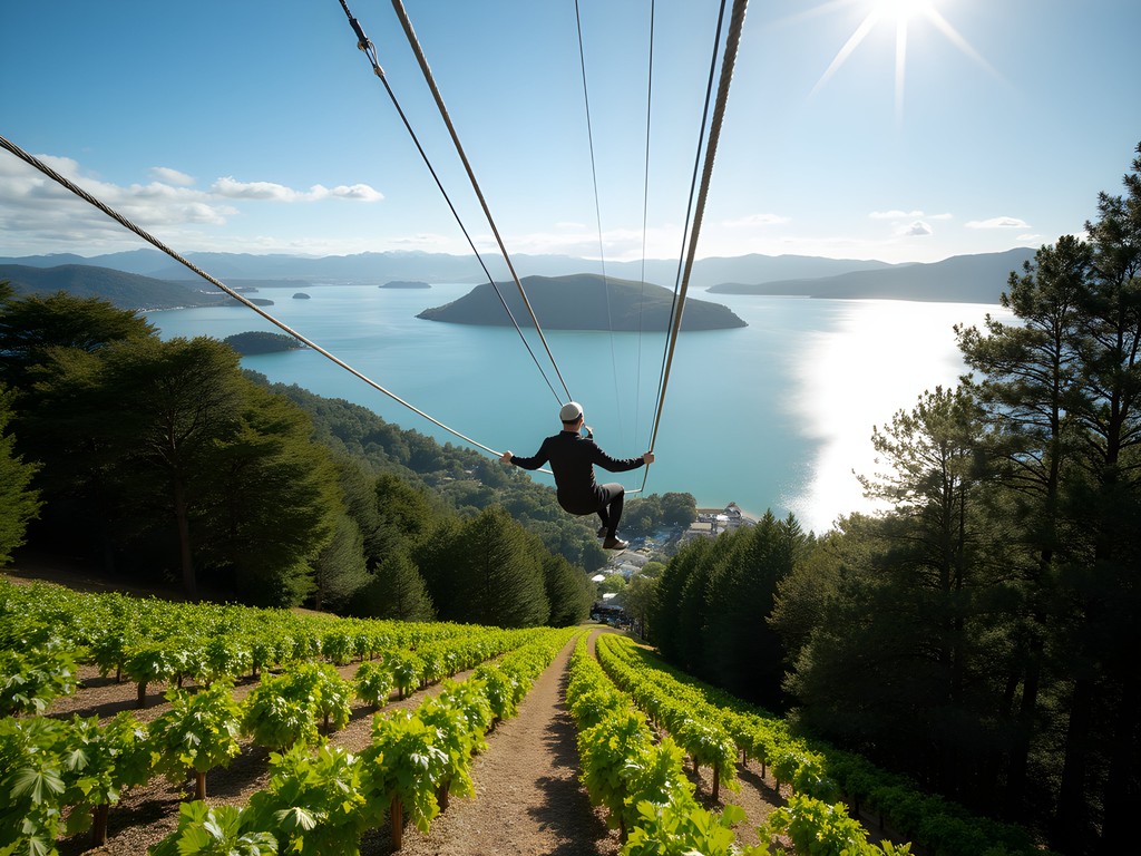 Person ziplining over Waiheke Island vineyards with Hauraki Gulf views