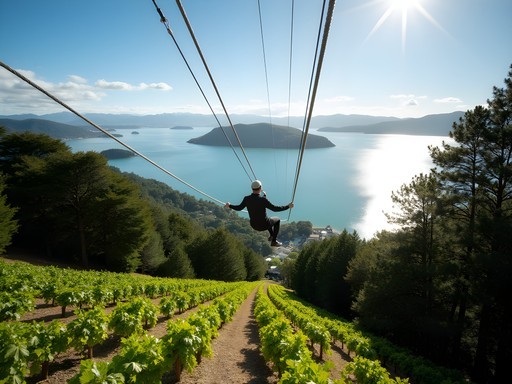 Person ziplining over Waiheke Island vineyards with Hauraki Gulf views