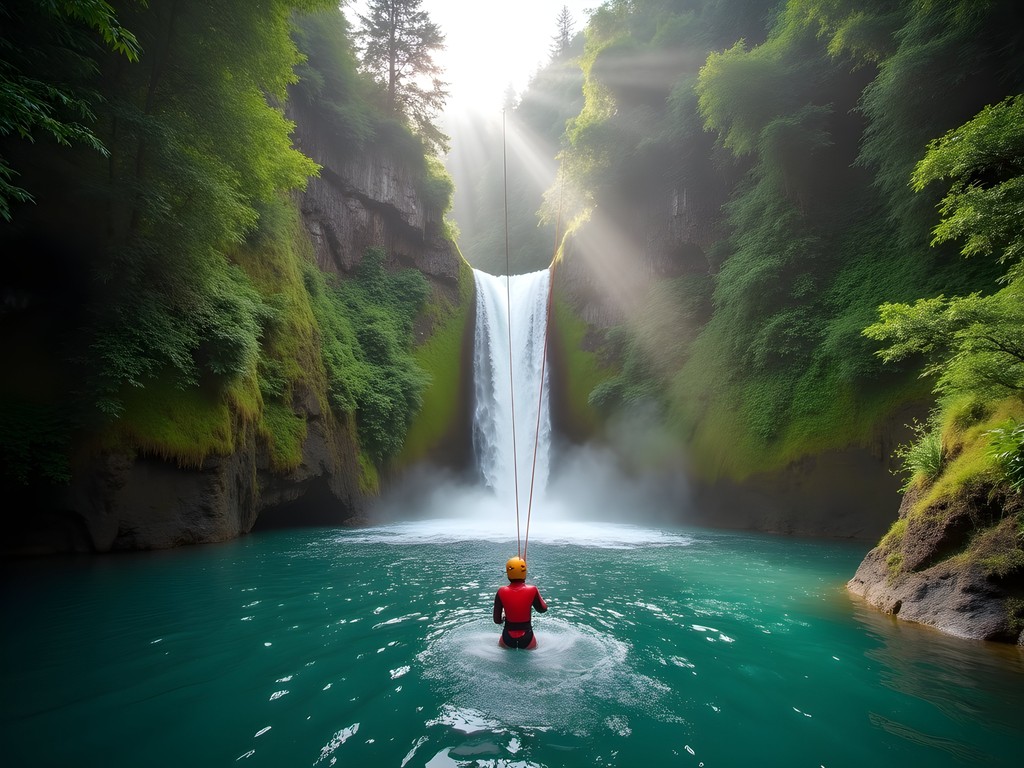 Person rappelling down waterfall while canyoning in lush Waitakere Ranges