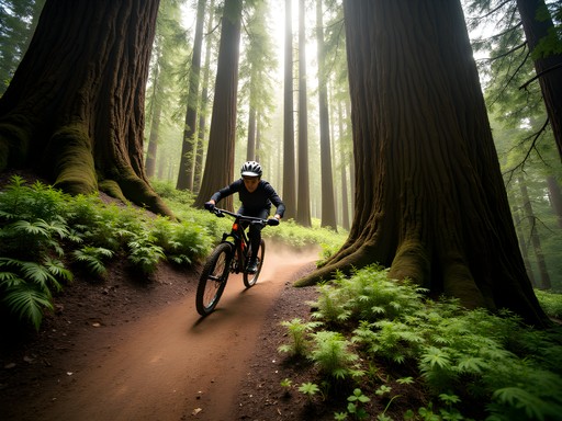 Mountain biker on trails in Whakarewarewa Redwood Forest, Rotorua