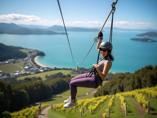 Person ziplining over Waiheke Island vineyards with Hauraki Gulf views