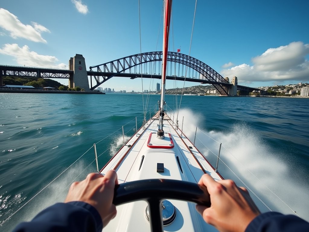 Woman helping crew America's Cup yacht with Auckland Harbour Bridge in background