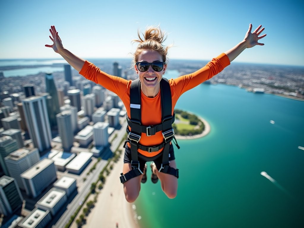Woman mid-jump from Auckland Sky Tower with harbor views in background