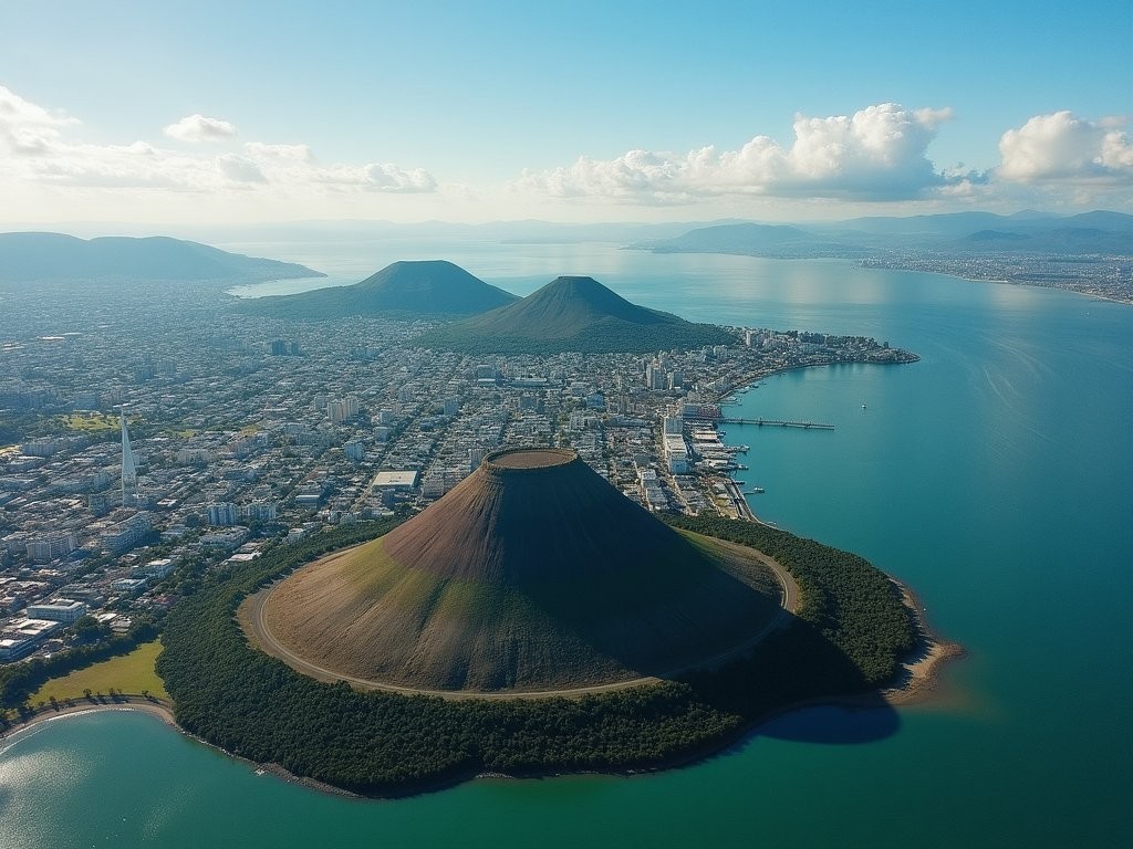 Aerial view of Auckland showing multiple volcanic cones and harbors