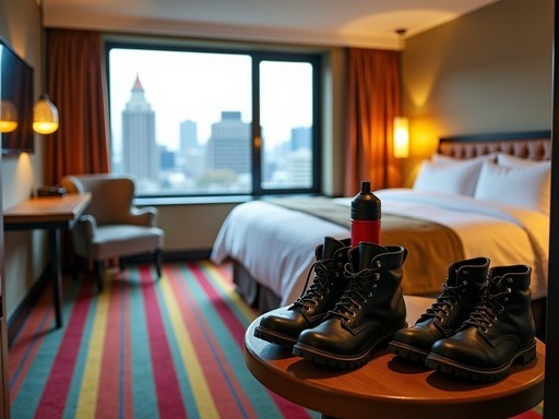 Luxury hotel room with adventure gear organized and Auckland cityscape view