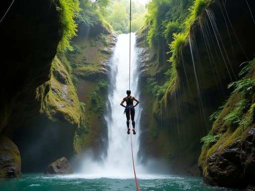 Person rappelling down waterfall during canyoning adventure near Piha Beach