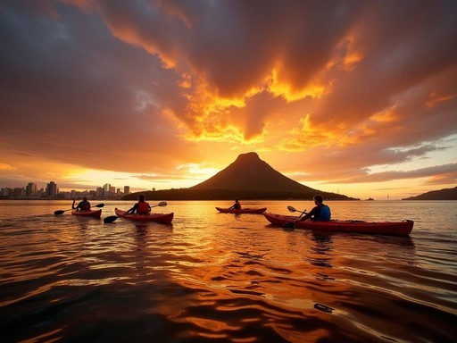 Sea kayakers approaching Rangitoto Island at sunset with Auckland skyline in background