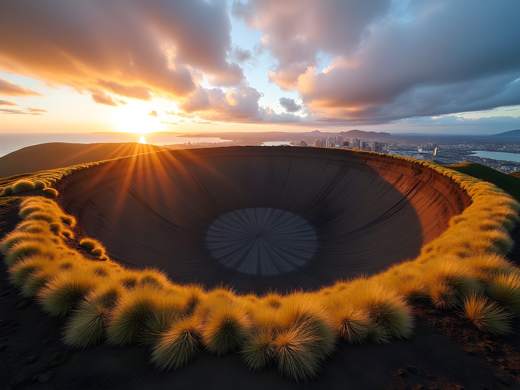 Sunset over Maungawhau/Mount Eden crater with Auckland skyline in background