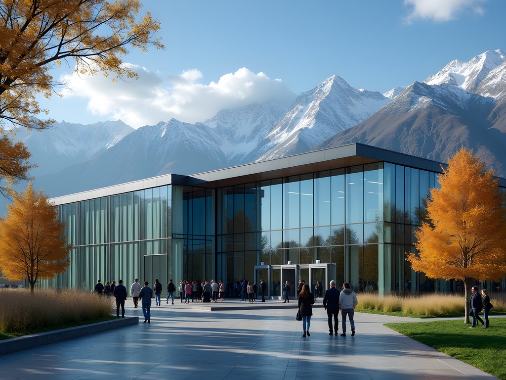 Almaty technology innovation center with mountains in background during autumn