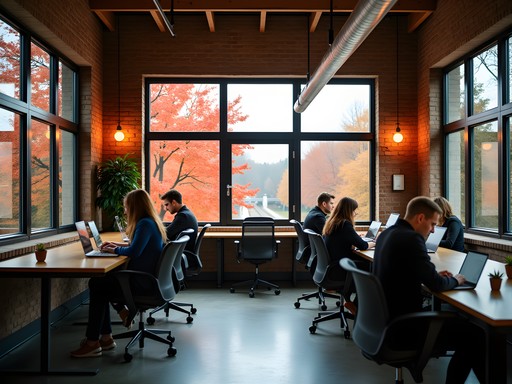 Berlin tech hub workspace with autumn atmosphere and professionals collaborating