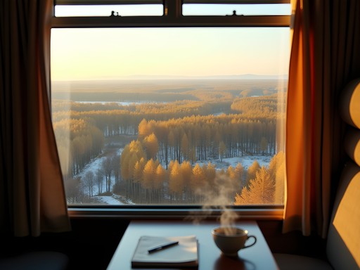 View from Trans-Siberian train window showing Siberian autumn landscape
