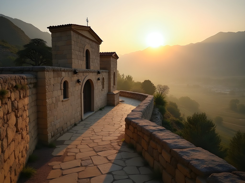 Ancient stone monastery in Bekaa Valley at sunrise with mountain backdrop