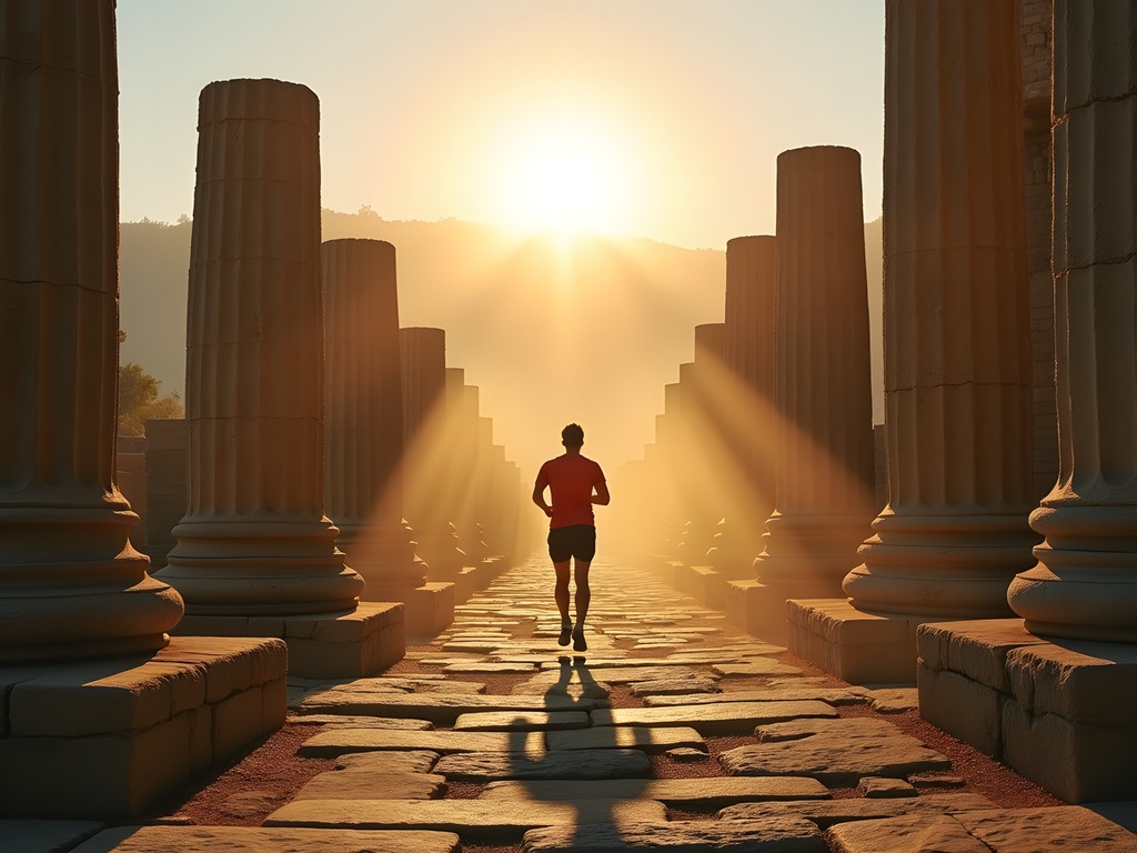 Sunrise over Temple of Jupiter in Baalbek with runner's perspective