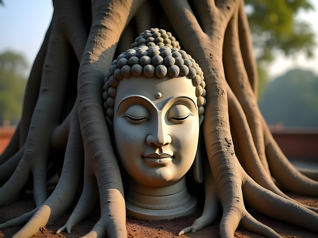 Famous Buddha head entwined in tree roots at Wat Mahathat in Ayutthaya