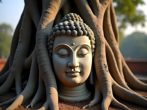 Famous Buddha head entwined in tree roots at Wat Mahathat in Ayutthaya