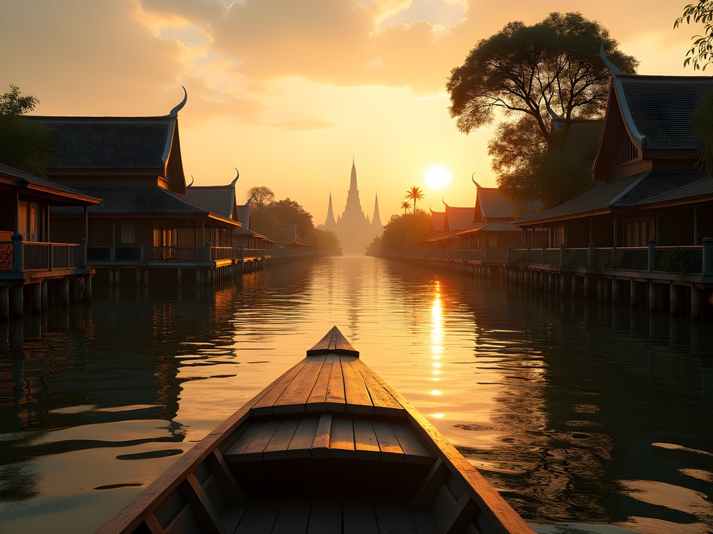 Sunset view from longtail boat on Bangkok canal with golden temple spires in distance