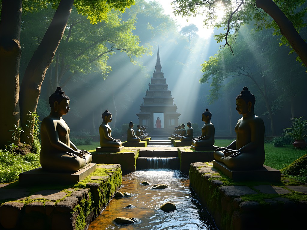 Hidden jungle temple Wat Pha Lat on Doi Suthep mountain with waterfall and Buddha statues