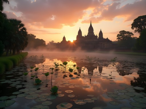 Ancient temples of Sukhothai Historical Park at sunrise with lotus ponds in foreground